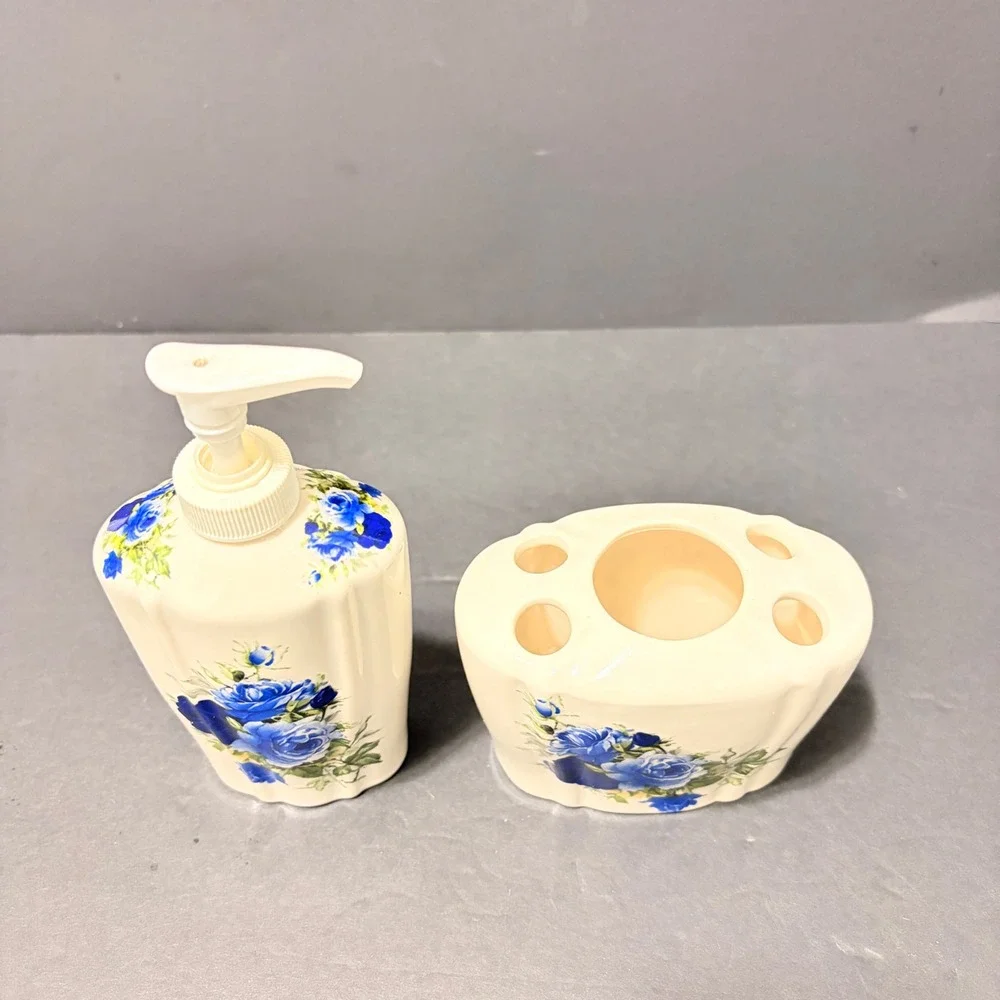Crown Heritage Blue Rose Ceramic Soap Dispenser & Toothbrush Holder Set England